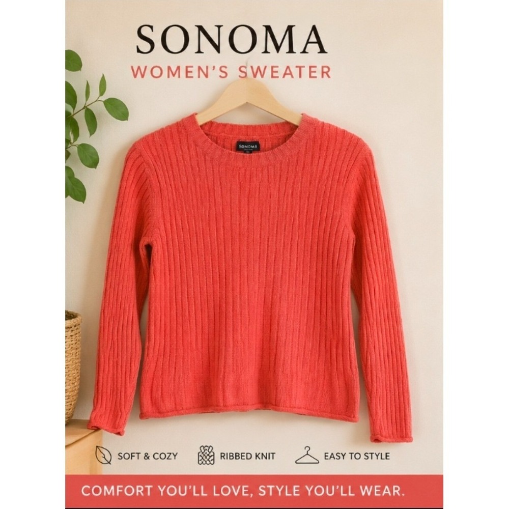Sonoma Women's Coral Pink Ribbed Knit Sweater Long Sleeve Crew Neck XL Soft Cozy
